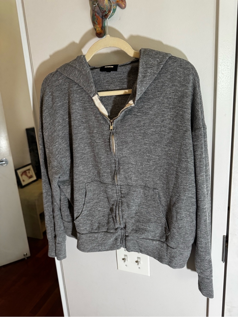 Monrow Grey Ribbed Original Zip Up Hoodie - Picture 6 of 11